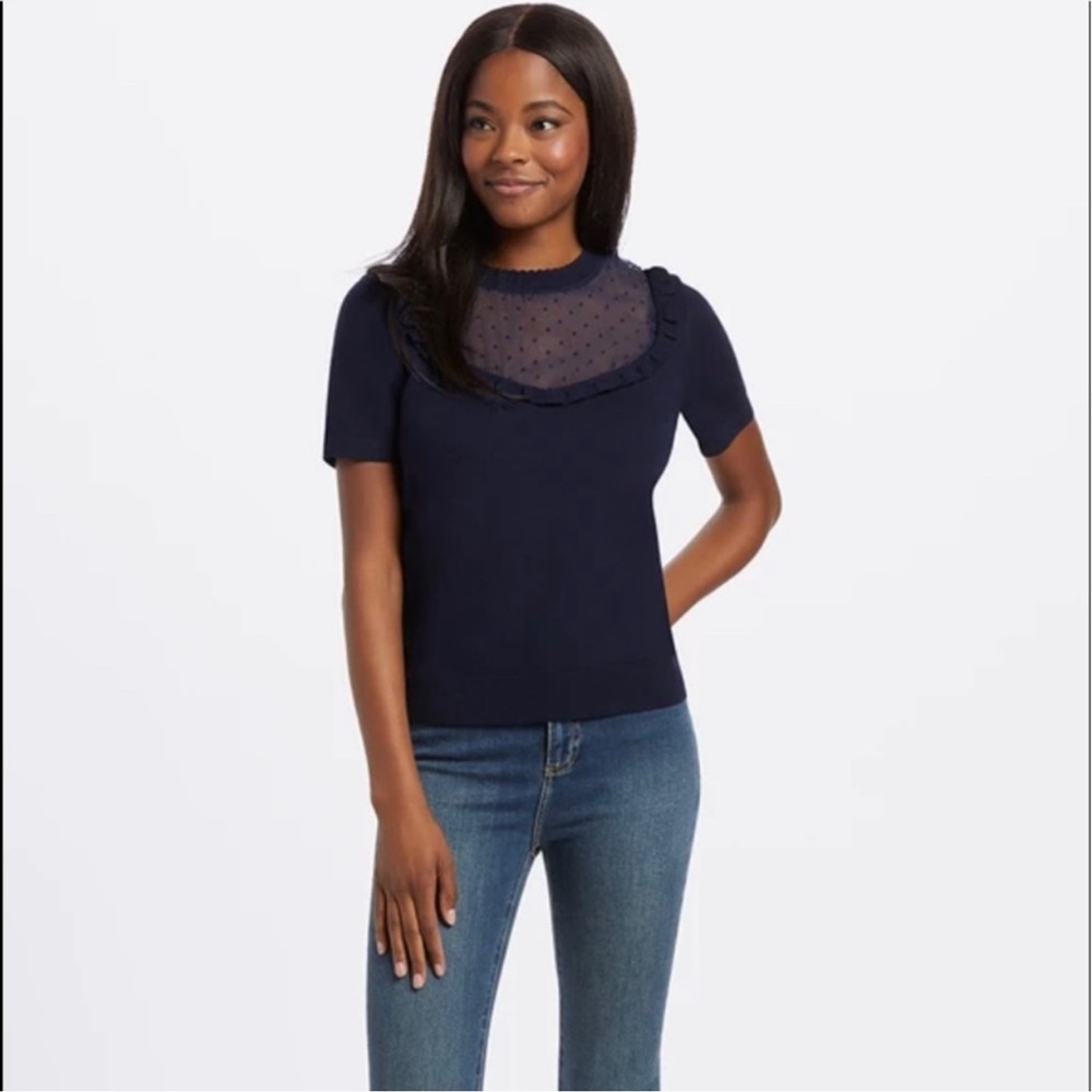 Draper James Sheer Yoke Nassau Navy Short Sleeve Knit Top Size Small